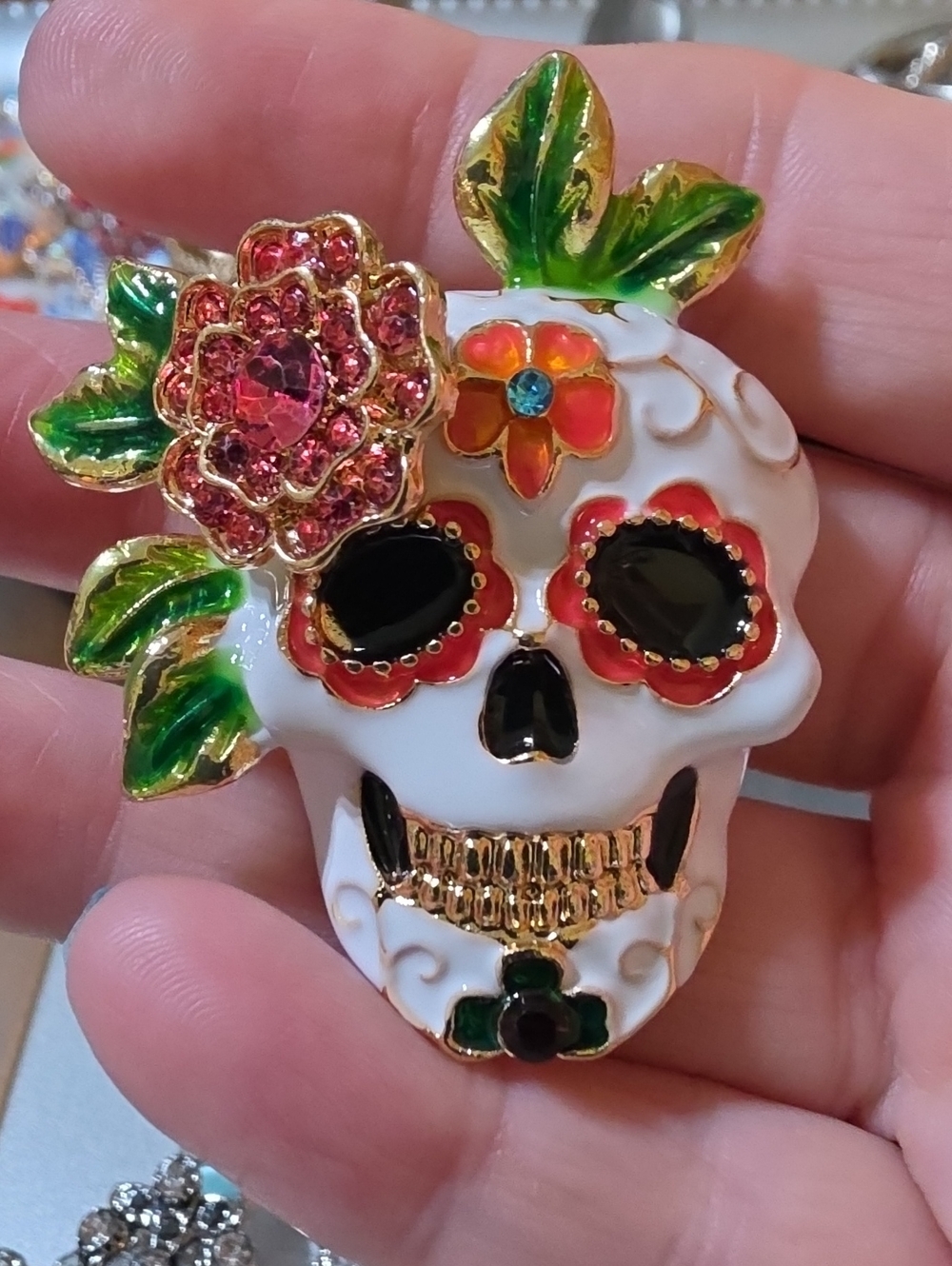 A43- Day of the Dead Floral Skull Enamel Brooch - White, Green, Pink